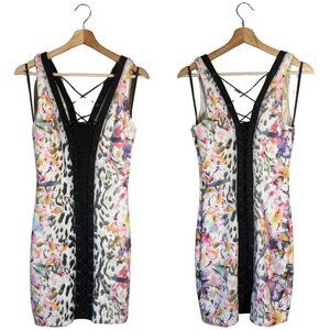 Vintage Bebe Y2K Lace Up Bodycon Mini Dress Women's Small Multicolor Floral